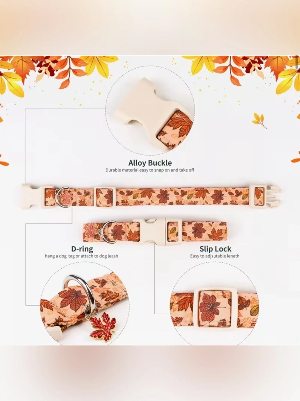 Autumn Leaf Print Dog Collar. Adjustable. Leaf charm. X Small. Last one.